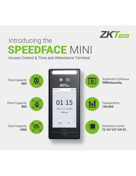 ZKTeco - SpeedFace Mini Facial, Palm & RFID Indoor Stand Alone T&A and Access Control Terminal
